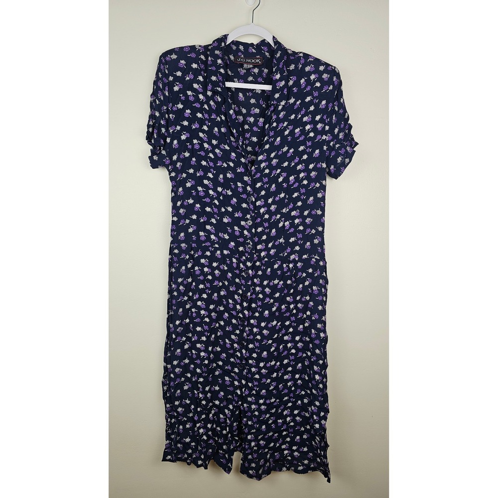 J.G. Hook Dress Women 16 Blue Floral Button Front Vintage Shoulder Pads